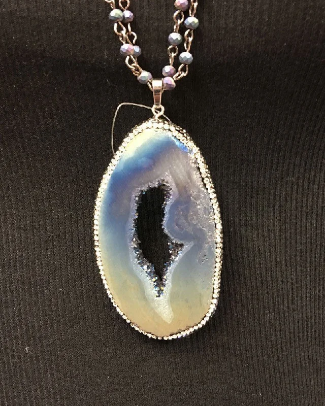Modern Denim Blue Gold Titanium Druzy Necklace with blue titanium beads