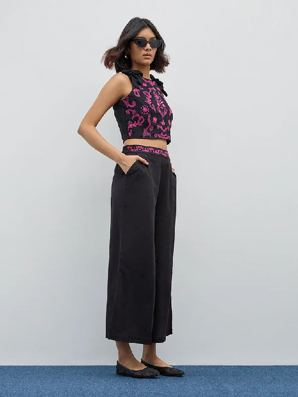 Sports Tights Bombay Paisley Black Embroidered High-Rise Cotton Pants