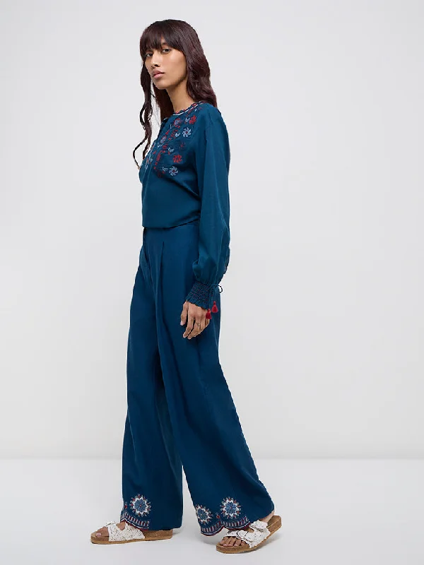 Stylish Scarves Bombay Paisley Blue Floral High-Rise Cotton Blend Pants