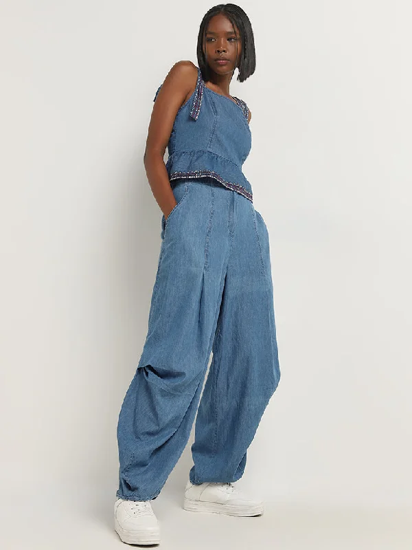 Essential Wardrobe Bombay Paisley Blue Patiala-Style High-Rise Denim Pants