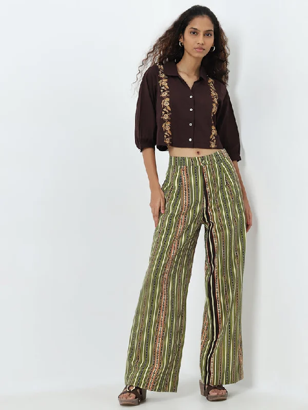 Comfy Styles Bombay Paisley Green Striped High-Rise Cotton Blend Pants