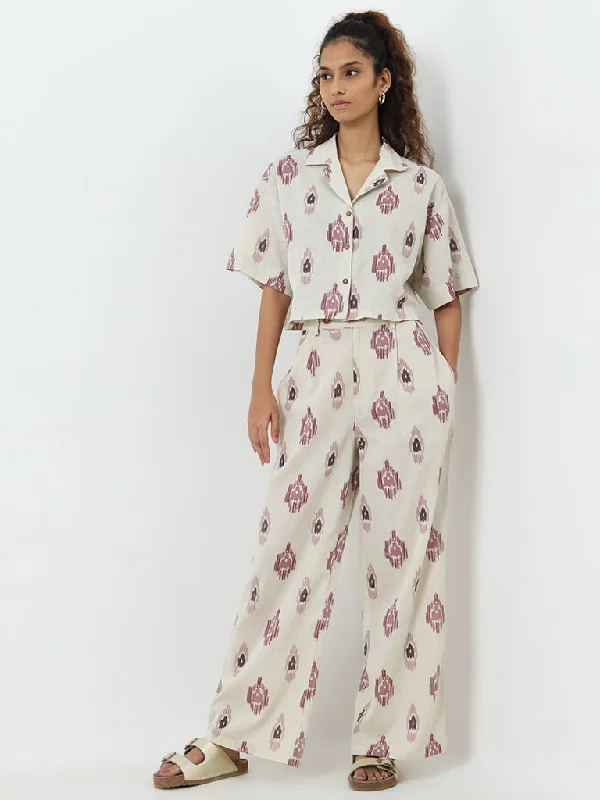 Modern Style Bombay Paisley Ivory Ikat Printed High-Rise Cotton Pants