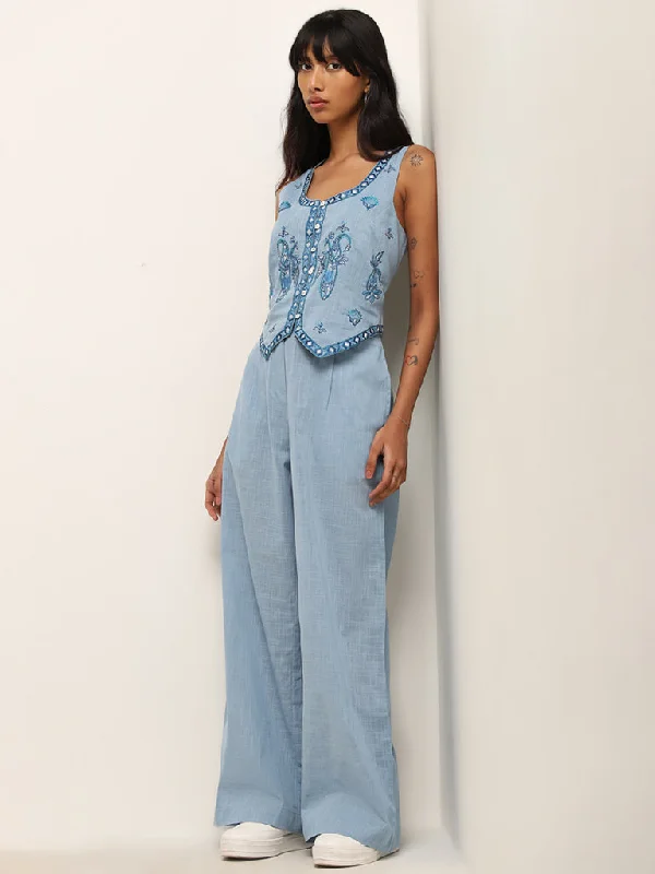 Stylish Comfort Bombay Paisley Light Blue Flared High-Rise Cotton Pants
