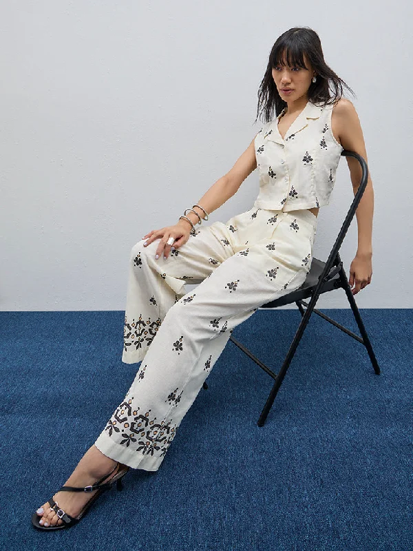 Stylish Looks Bombay Paisley Off-White Print High-Rise Cotton Blend Pants