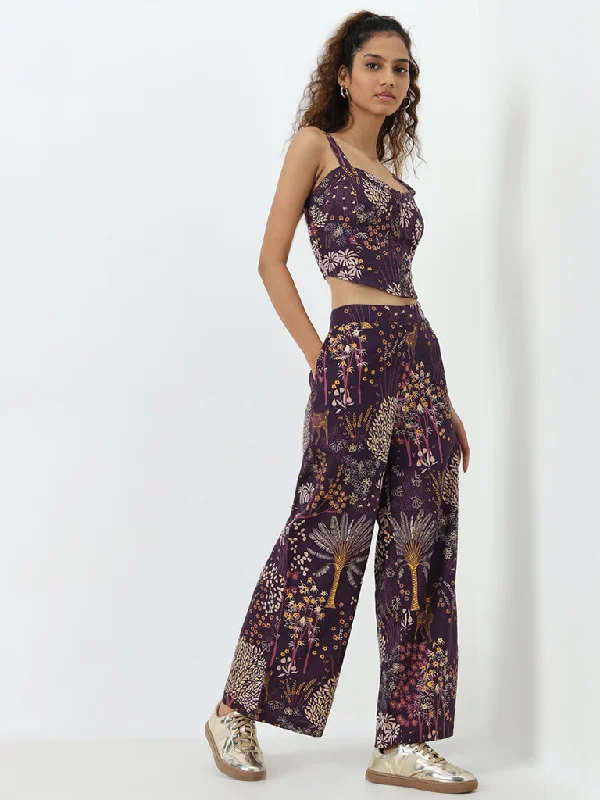 Modern Casuals Bombay Paisley Purple Nature-Themed High-Rise Cotton Pants