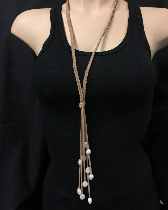 Rugged Jeans Braided Leather Freshwater Pearls and Tassel Necklace Tan