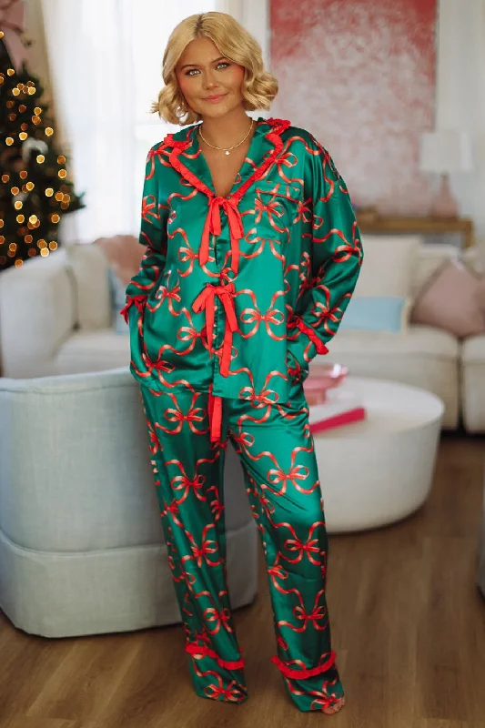 Leather Pants Christmas Present Pants and Top Pajama set - Green and Red