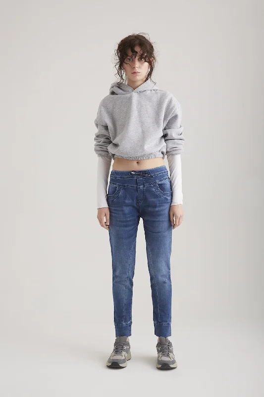 Cool Casuals Mila Mid Waist Jogger 5 Pocket Ankle Jeans Blue Denim