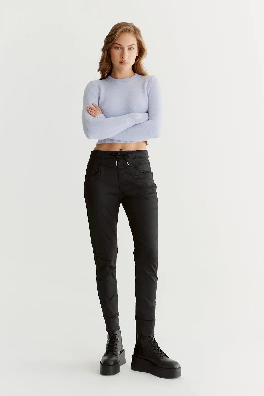 Smart Casual Wear Mila Mid Waist Jogger 5 Pocket Ankle Pants Black Coated