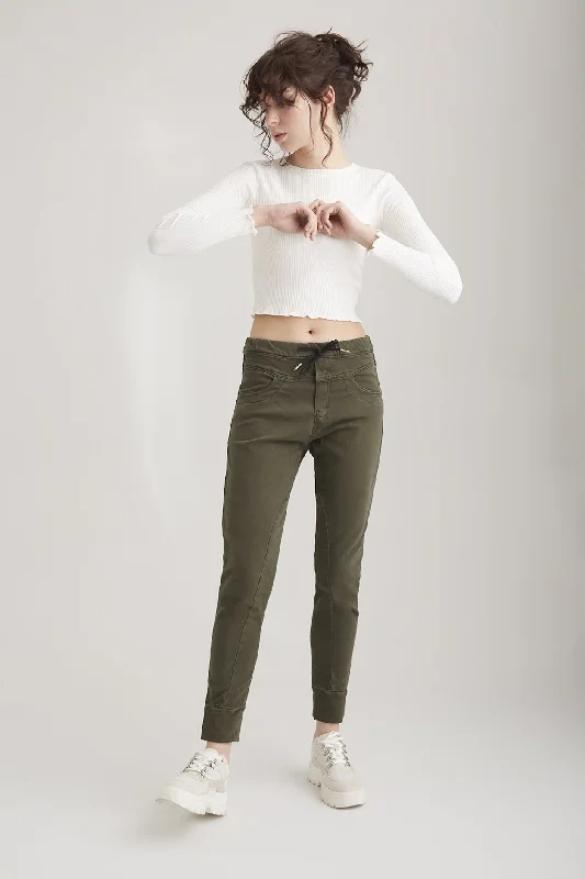 Comfy Styles Mila Mid Waist Jogger 5 Pocket Ankle Pants Khaki