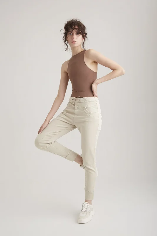 Cozy Basics Mila Mid Waist Jogger 5 Pocket Ankle Pants Sand