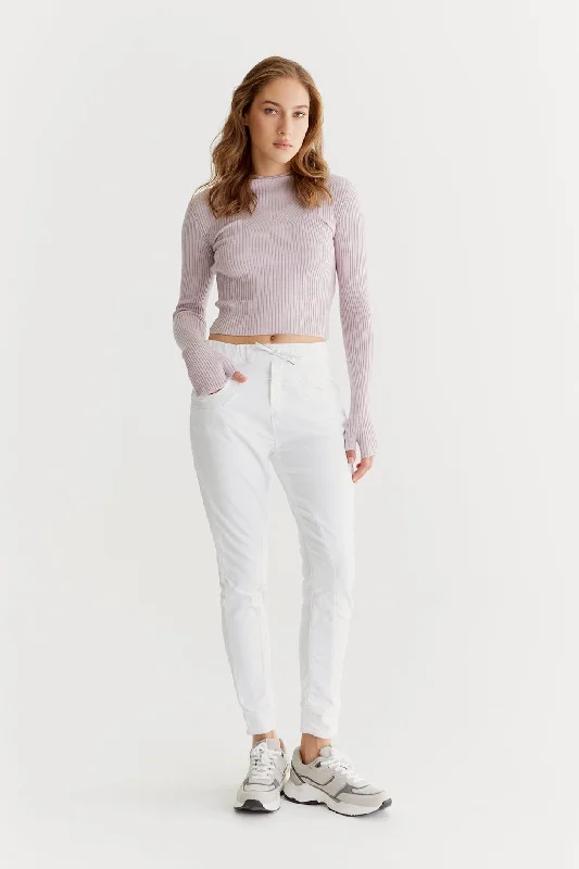 Premium Outerwear Mila Mid Waist Jogger 5 Pocket Ankle Pants White