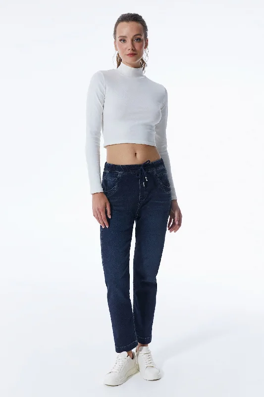 Wool Pants Ella Mid Waist Jogger 5 Pocket Ankle Jeans Dark Blue Denim