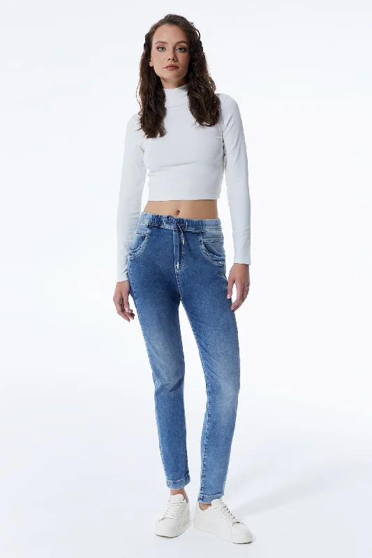 Tech Jackets Ella Mid Waist Jogger 5 Pocket Ankle Jeans Medium Blue Denim