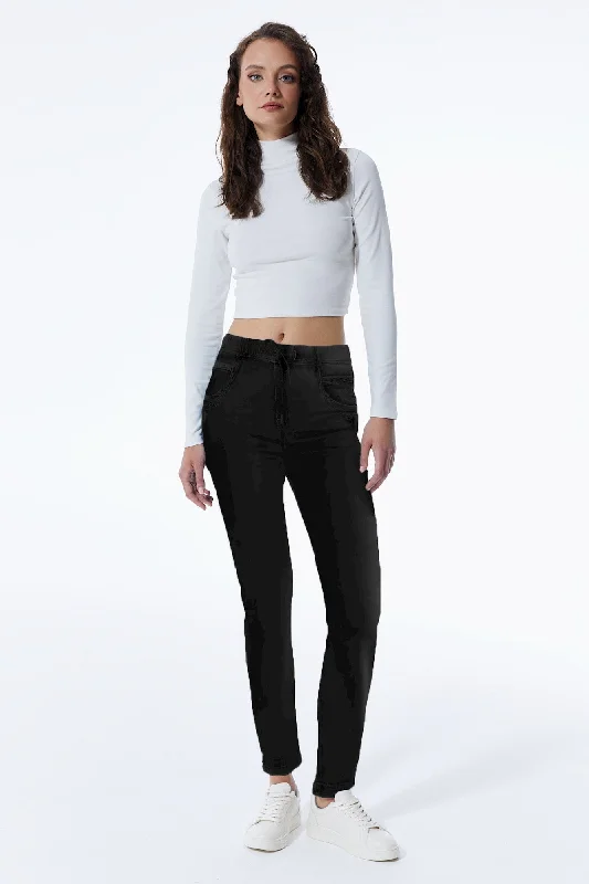 Street Hoodies Ella Mid Waist Jogger 5 Pocket Ankle Pants Black Coated