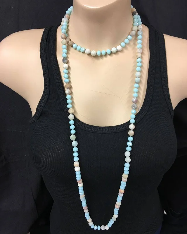 Hiking Boots Crystal and Amazonite Necklace Hand Knotted Extra Long