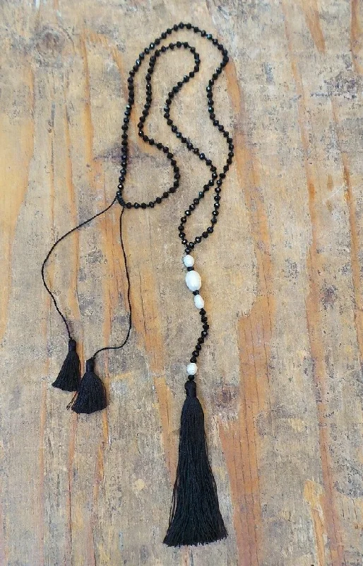 Designer Scarves Crystal And Pearl Necklace With Tassels
