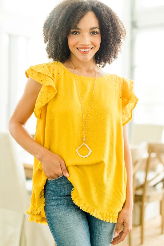 Simple Outfits Delight In Spring Mango Yellow Eyelet Top
