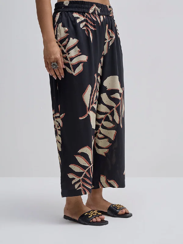 Modern Backpacks Diza Black Leaf Printed High-Rise Ethnic Pants