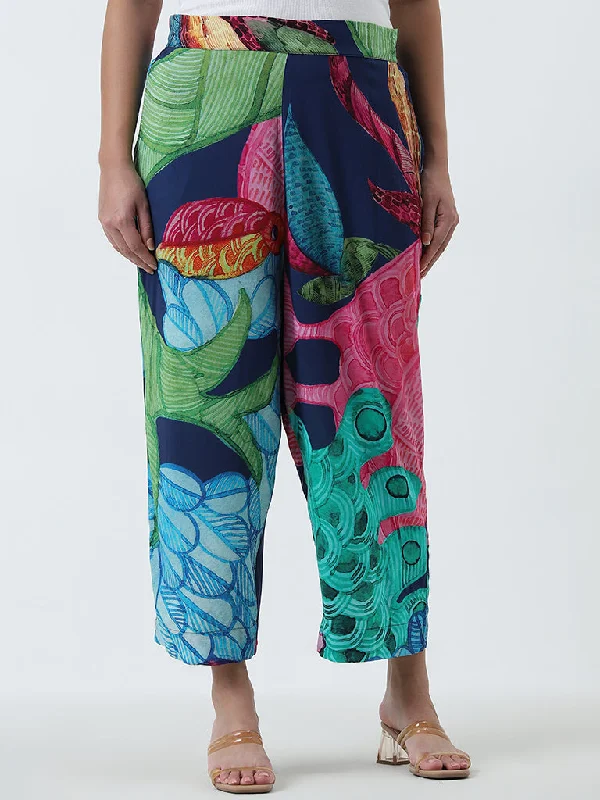 Soft Layers Diza Blue Leaf Printed High-Rise Palazzos