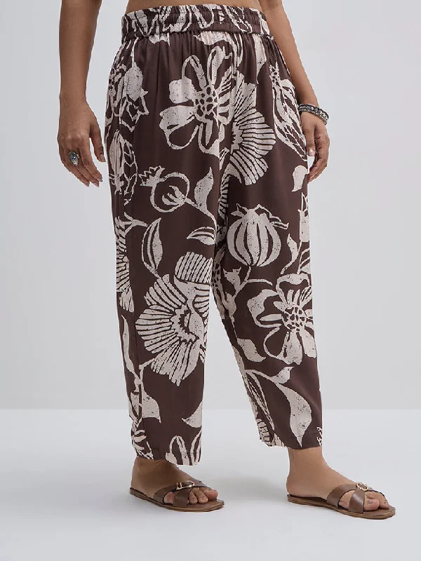 Outdoor Wear Diza Brown Floral Design High-Rise Ethnic Pants