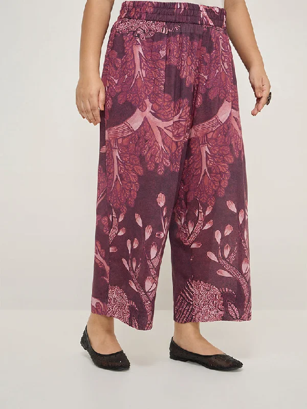 Statement Shirts Diza Burgundy Botanical Printed High-Rise Ethnic Pants