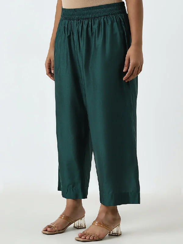 Casual Knitwear Diza Dark Green Solid High-Rise Palazzos