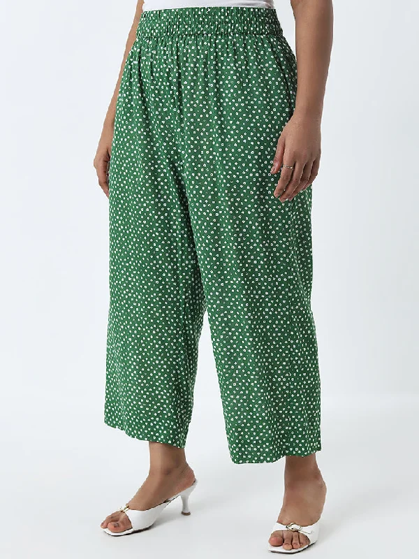 Urban Comfort Wear Diza Green Bandhani Printed High-Rise Cotton Palazzos