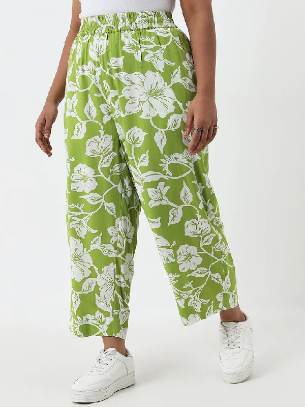 Classic Blazers Diza Green Floral Printed Mid-Rise Cotton Ethnic Pants