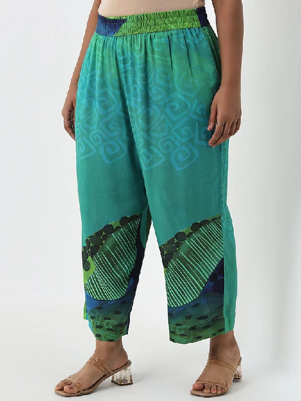 Flexible Styles Diza Green Foliage Design High-Rise Cotton Ethnic Pants