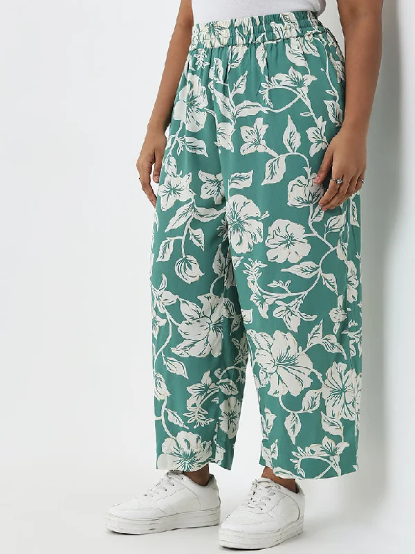 Outdoor Clothing Diza Jade Green Floral Design Mid-Rise Cotton Ethnic Pants