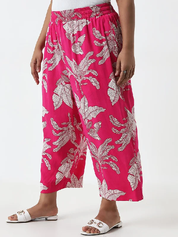 Chinos Style Diza Magenta Foliage Printed High-Rise Cotton Ethnic Pants