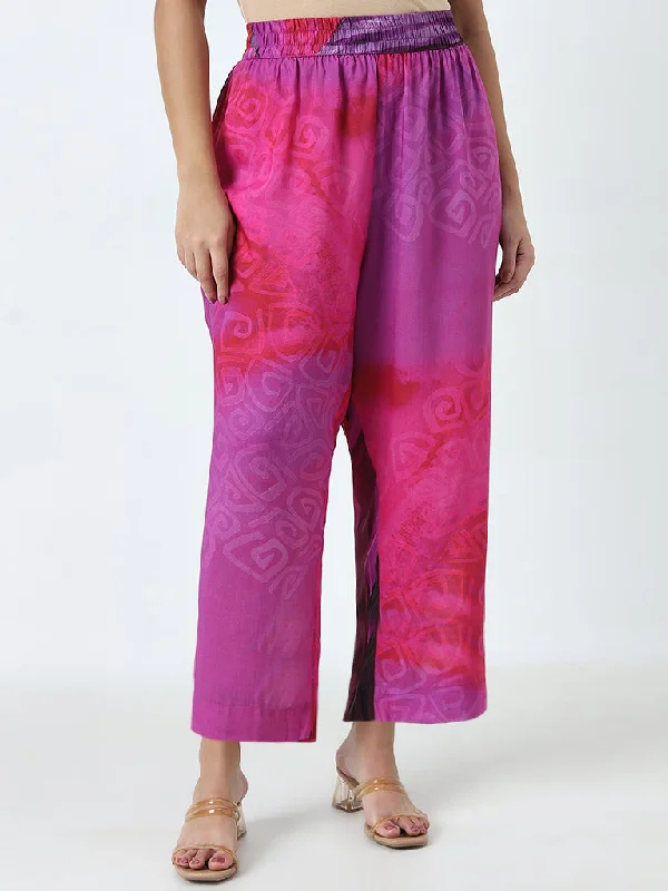 Warm Wear Diza Magenta Printed High-Rise Palazzos