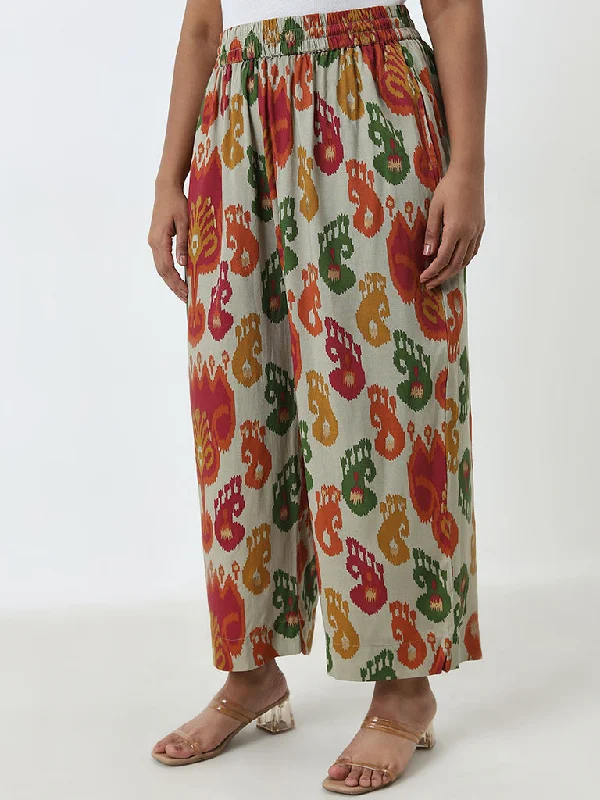 Relaxed Streetwear Diza Multicolour Ikat Design High-Rise Ethnic Pants
