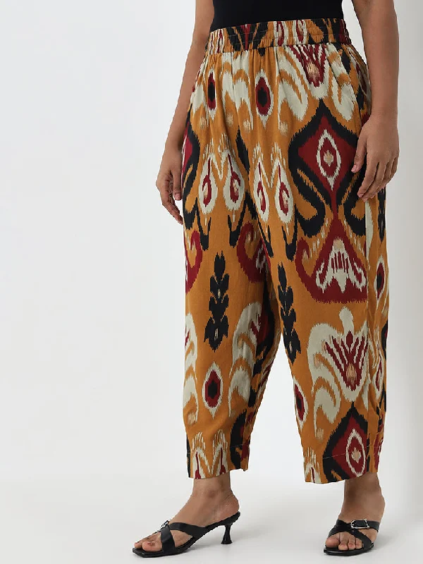 Relaxed Wardrobe Diza Mustard Ikat Design High-Rise Ethnic Pants