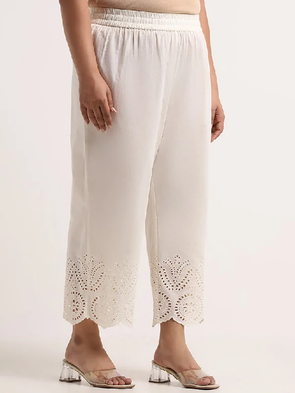 Versatile Wardrobe Diza Off-White Schiffli Detailed Straight Cotton Palazzos