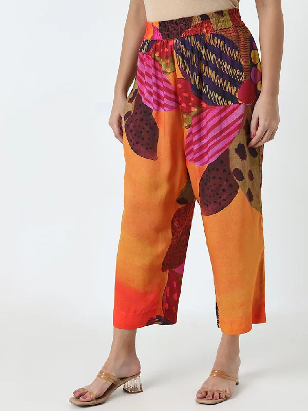 Smart Casual Diza Orange Tropical Printed High-Rise Palazzos