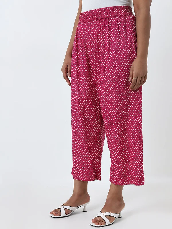 Relaxed Trousers Diza Pink Bandhani Printed High-Rise Cotton Palazzos