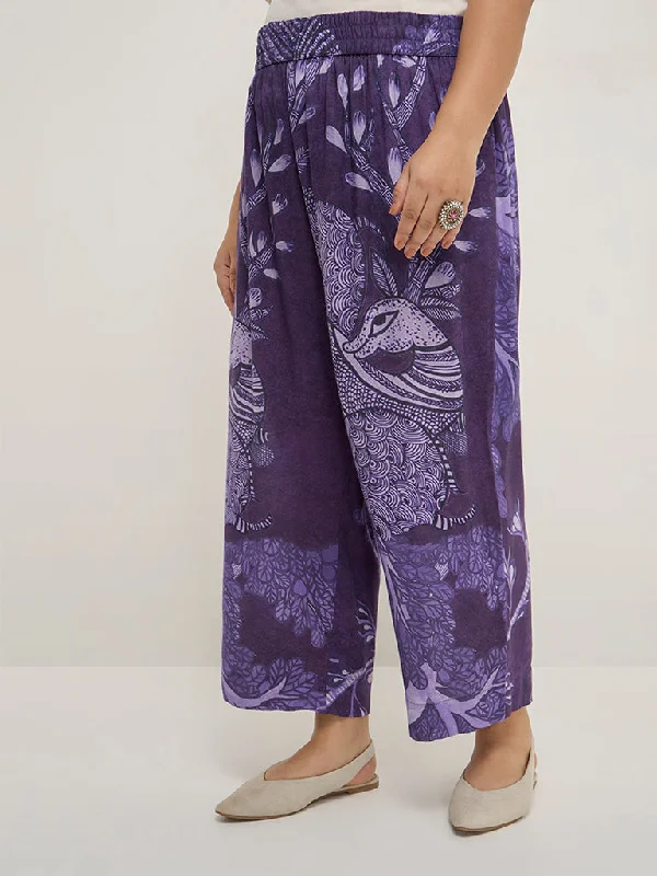 Cool Hoodies Diza Purple Botanical Printed High-Rise Ethnic Pants