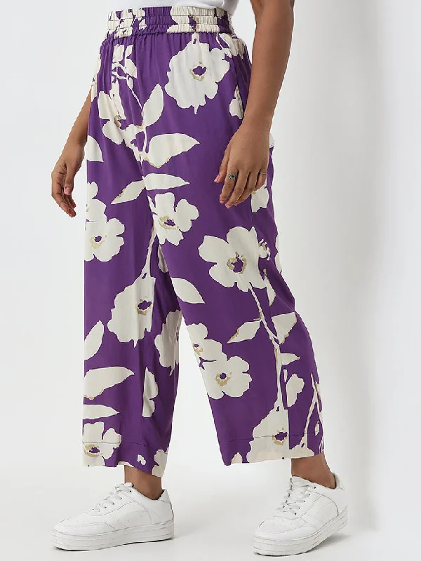 Business Shirts Diza Purple Floral Design Mid-Rise Cotton Ethnic Pants