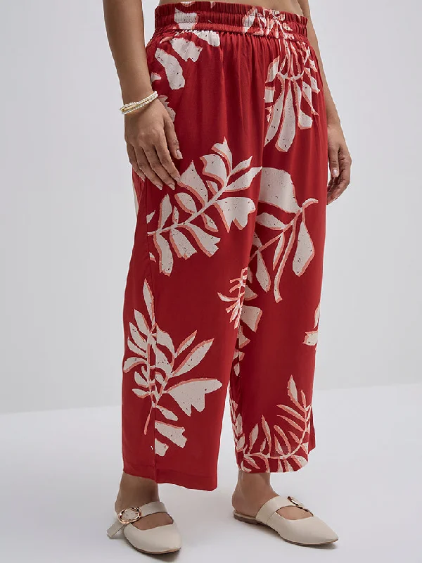 Designer Footwear Diza Red Leaf Printed High-Rise Ethnic Pants