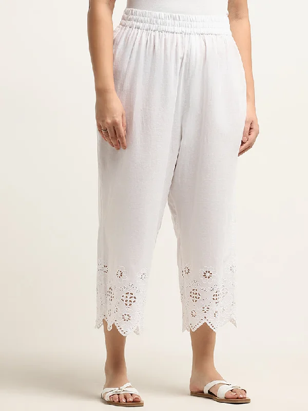 Practical Looks Diza White Floral Design High-Rise Cotton Ethnic Pants