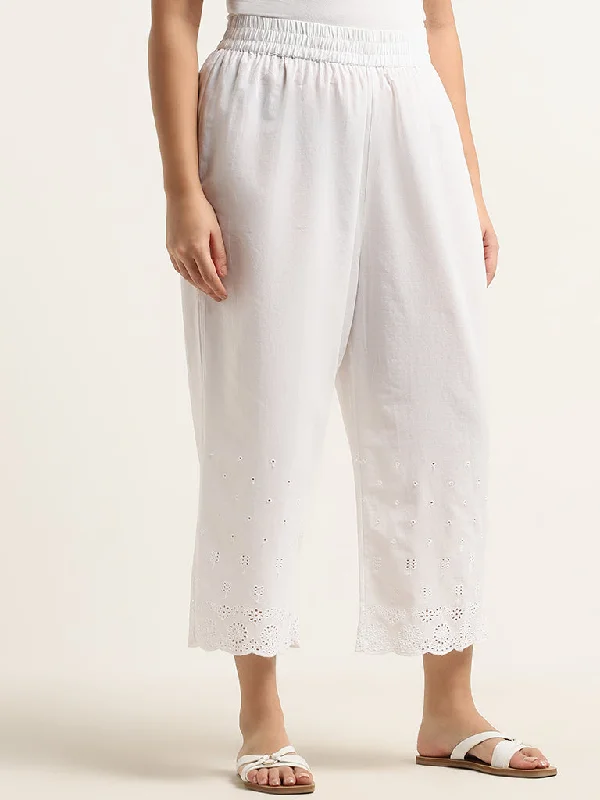 Relaxed Activewear Diza White Schiffli Design High-Rise Cotton Ethnic Pants