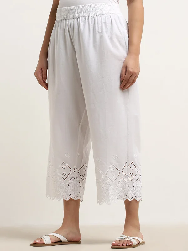 Smart Wear Diza White Schiffli Design High-Rise Cotton Palazzos