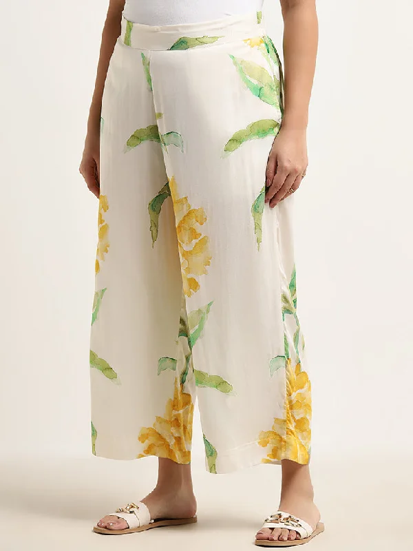 Active Essentials Diza Yellow Floral Printed High-Rise Palazzos