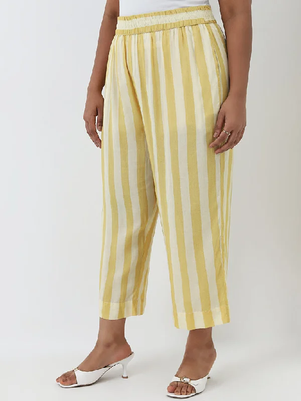 Printed Sweatshirts Diza Yellow Striped High-Rise Straight Cotton Pants