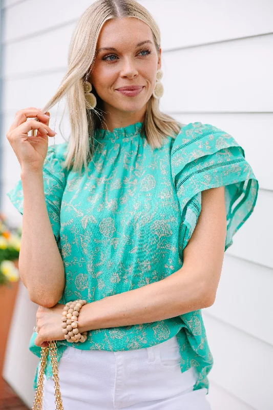 Sporty Essentials Don't Wait Long Turquoise Blue Floral Blouse