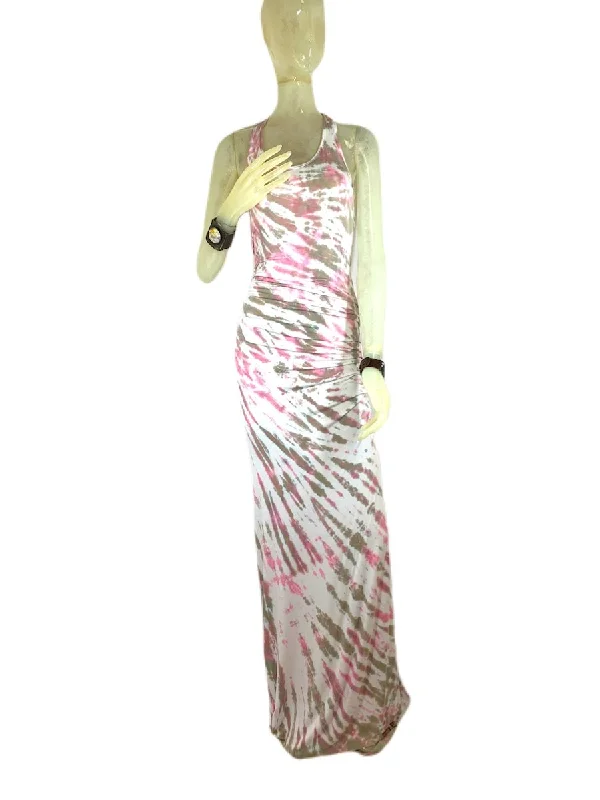 Graphic Caps E-Motions Ruched Side Tie Dye Maxi Dress Pink Tan Tiger TD