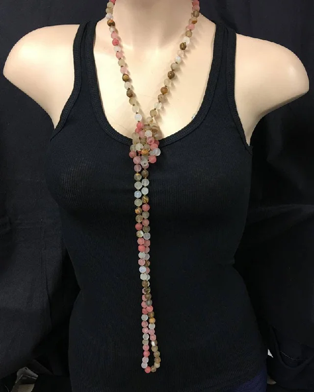 Comfortable Sneakers Extra Long Hand Knotted Rose Colored Natural Stone Beaded Necklace