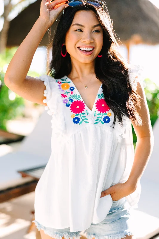 Trendy Comfort Happy To Help White Embroidered Blouse
